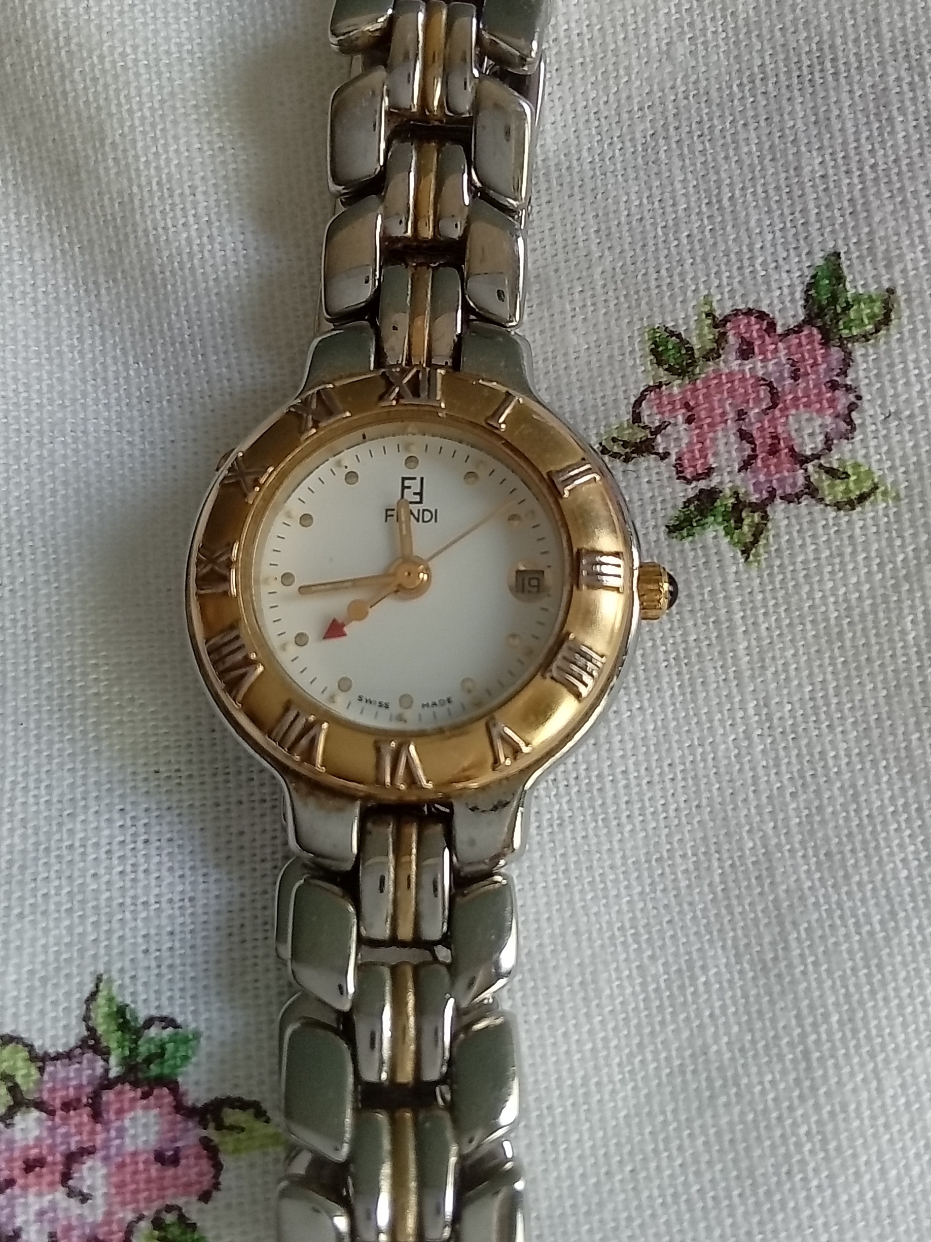 Fendi Womens TwoTone Stainless Steel Watch With Gold Bezel  White Dial
